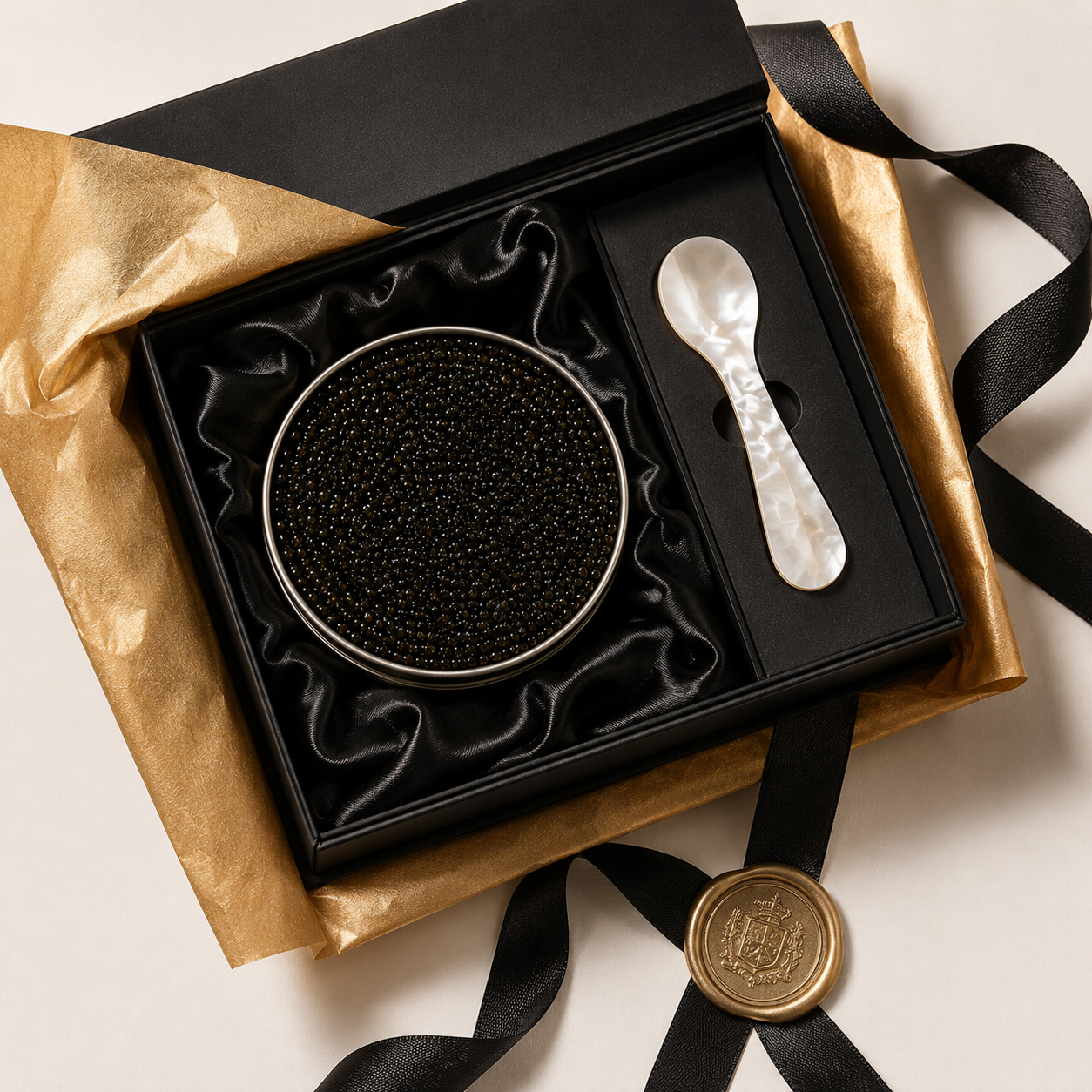 Luxurious gift box with caviar and gold